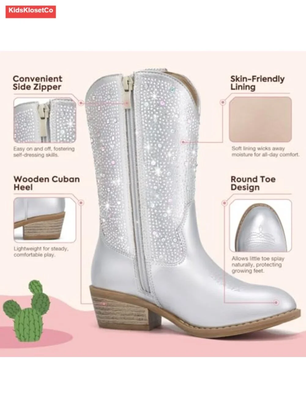 Girls Rhinestone Cowgirl Boots Sparkly Western Boots Toddler Round Toe Low Heel